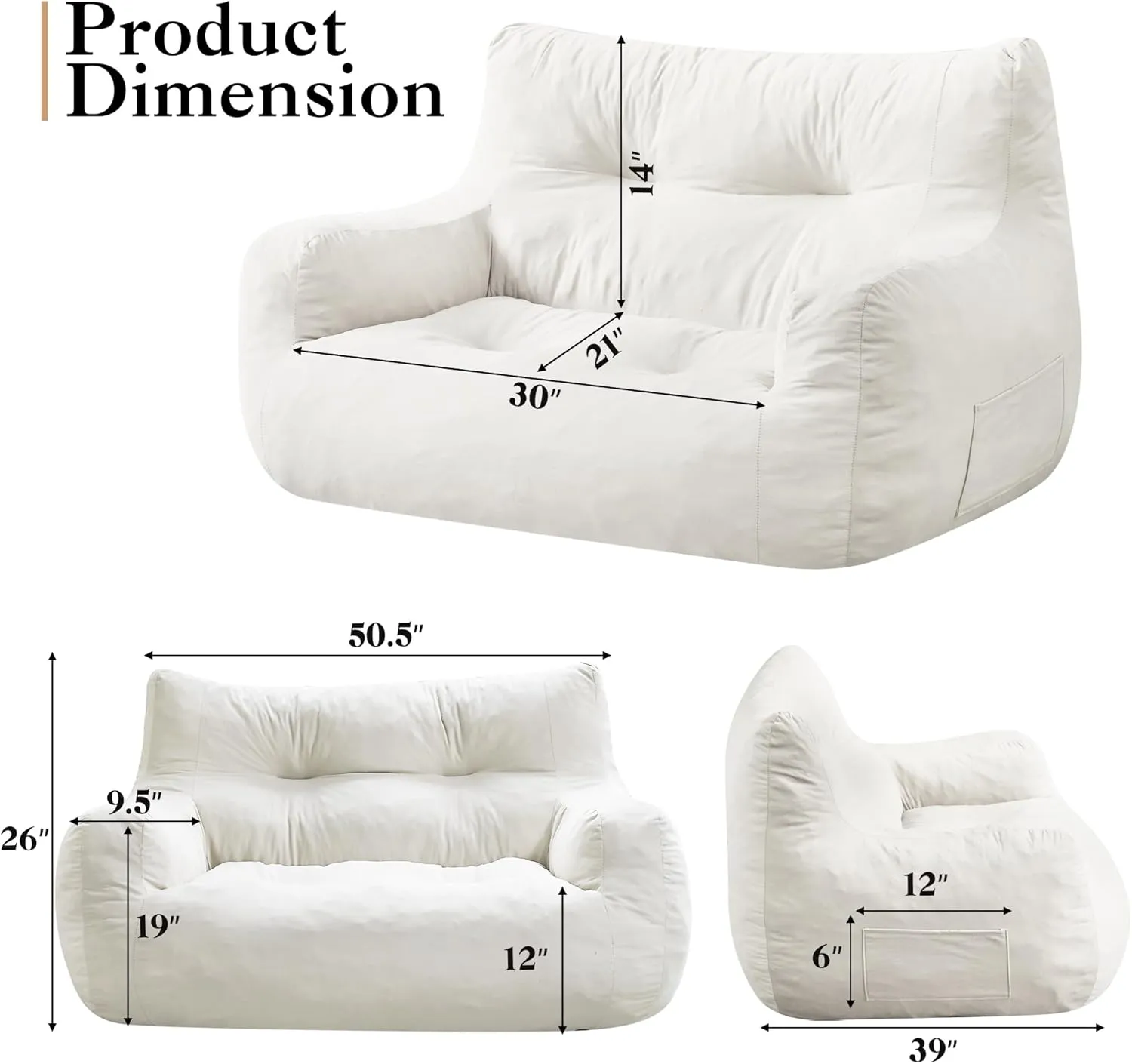 Bean Bag Chair, 2-Seater Bean Bag Couch for Adults, Big Accent Sofa Chair with Pocket & Wide Armrests, Floor Sofa for Living Room, Bedroom, Apartment, Dorms, Velvet Fabric, White