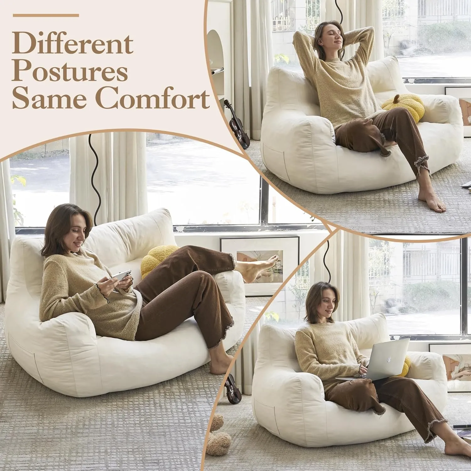 Bean Bag Chair, 2-Seater Bean Bag Couch for Adults, Big Accent Sofa Chair with Pocket & Wide Armrests, Floor Sofa for Living Room, Bedroom, Apartment, Dorms, Velvet Fabric, White