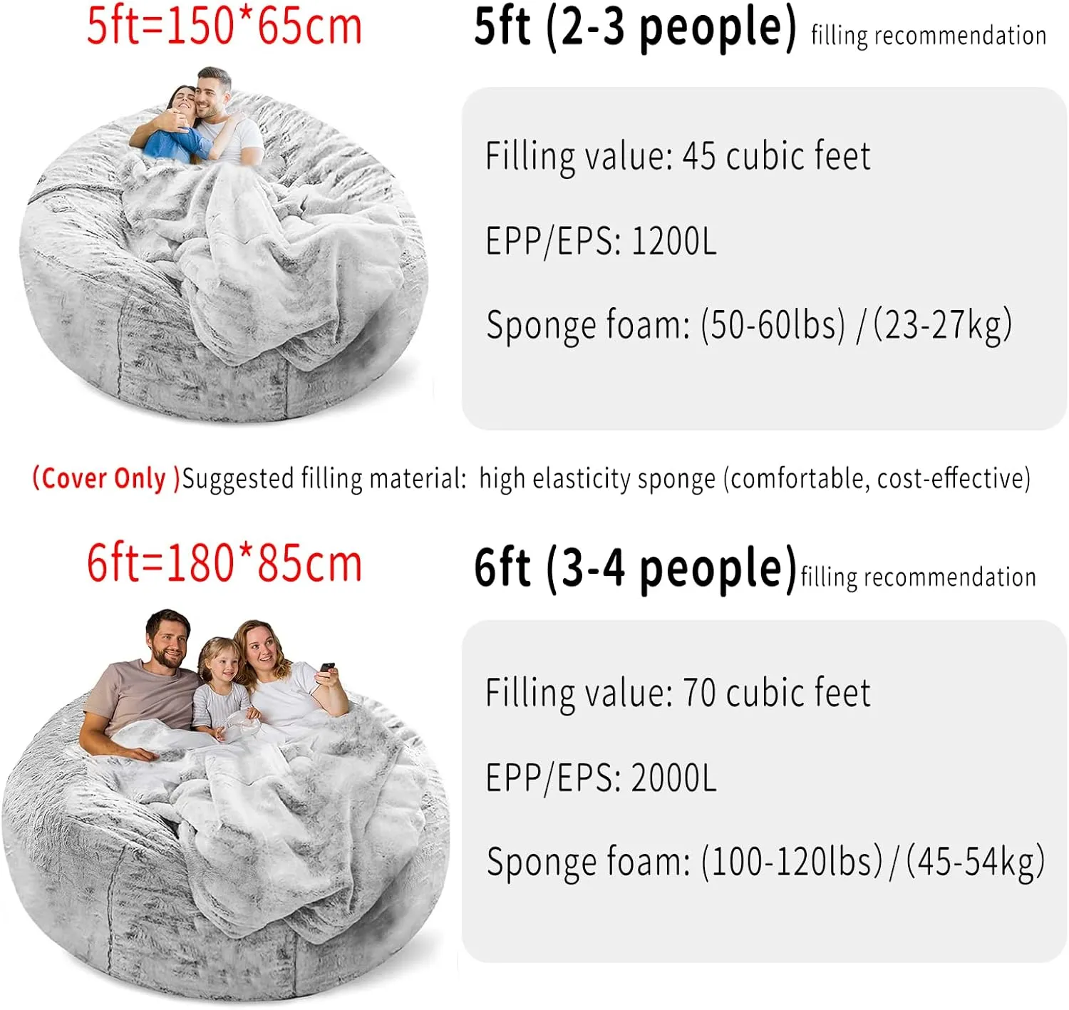 Bean Bag Chair Cover Without Filler,Big Round Soft Fluffy PV Velvet Washable Bean Bag Lazy Sofa Bed Cover for Adults,Living Room Bedroom Furniture Outside,5ft snow grey(No Filler)