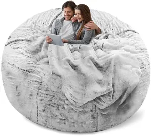 Bean Bag Chair Cover Without Filler,Big Round Soft Fluffy PV Velvet Washable Bean Bag Lazy Sofa Bed Cover for Adults,Living Room Bedroom Furniture Outside,5ft snow grey(No Filler)