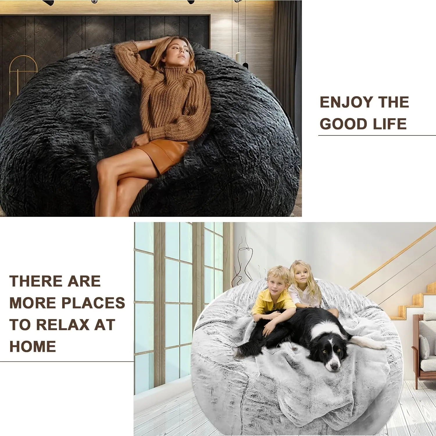 Bean Bag Chair Cover Without Filler,Big Round Soft Fluffy PV Velvet Washable Bean Bag Lazy Sofa Bed Cover for Adults,Living Room Bedroom Furniture Outside,5ft snow grey(No Filler)