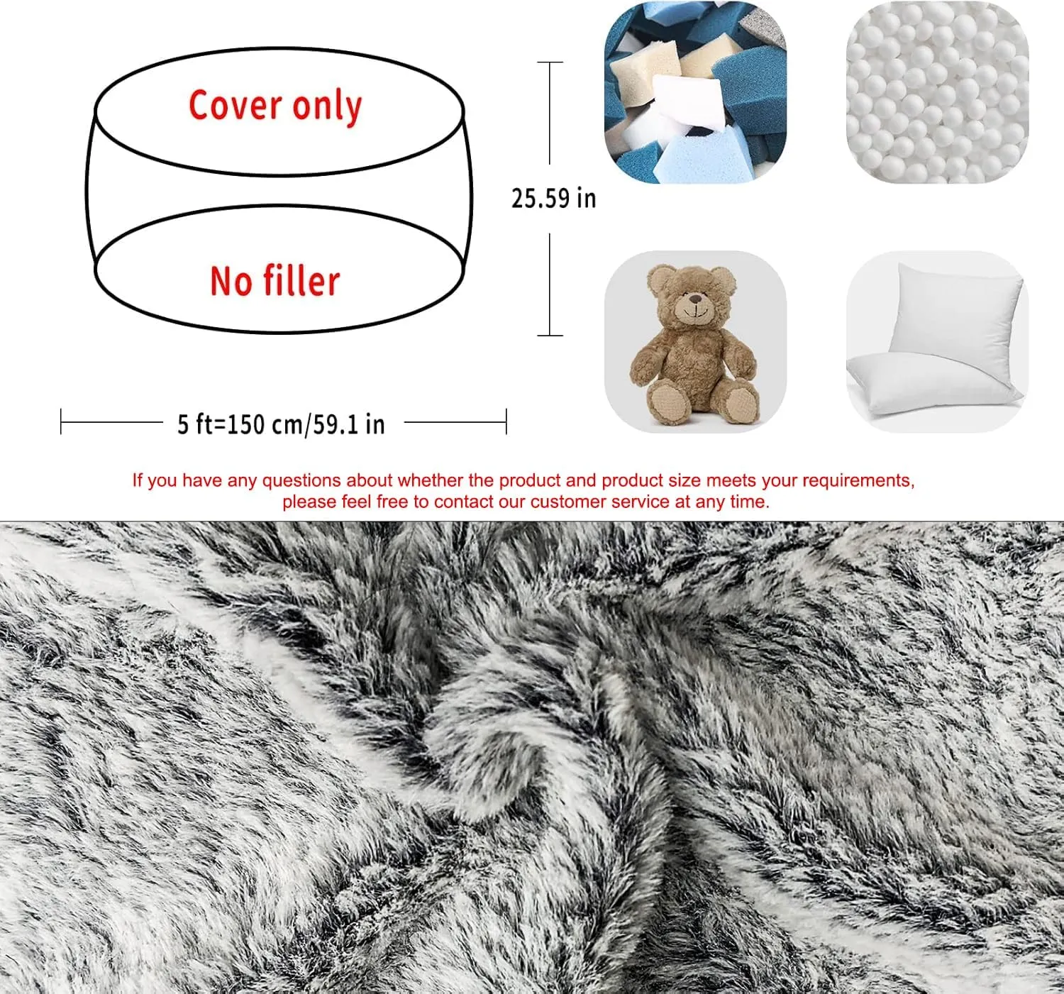 Bean Bag Chair Cover Without Filler,Big Round Soft Fluffy PV Velvet Washable Bean Bag Lazy Sofa Bed Cover for Adults,Living Room Bedroom Furniture Outside,5ft snow grey(No Filler)