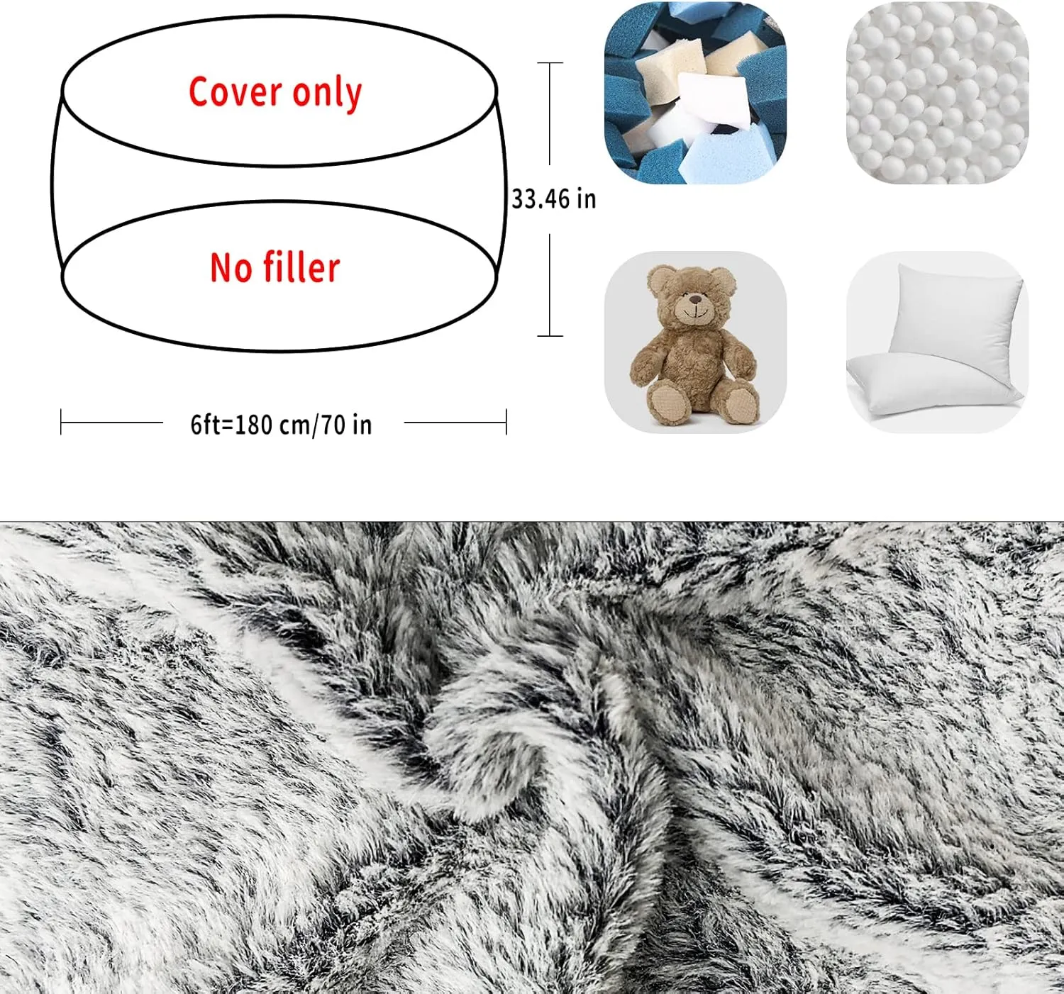 Bean Bag Chair Cover Without Filler,Big Round Soft Fluffy PV Velvet Washable Bean Bag Lazy Sofa Bed Cover for Adults,Living Room Bedroom Furniture Outside,6ft black(No Filler)