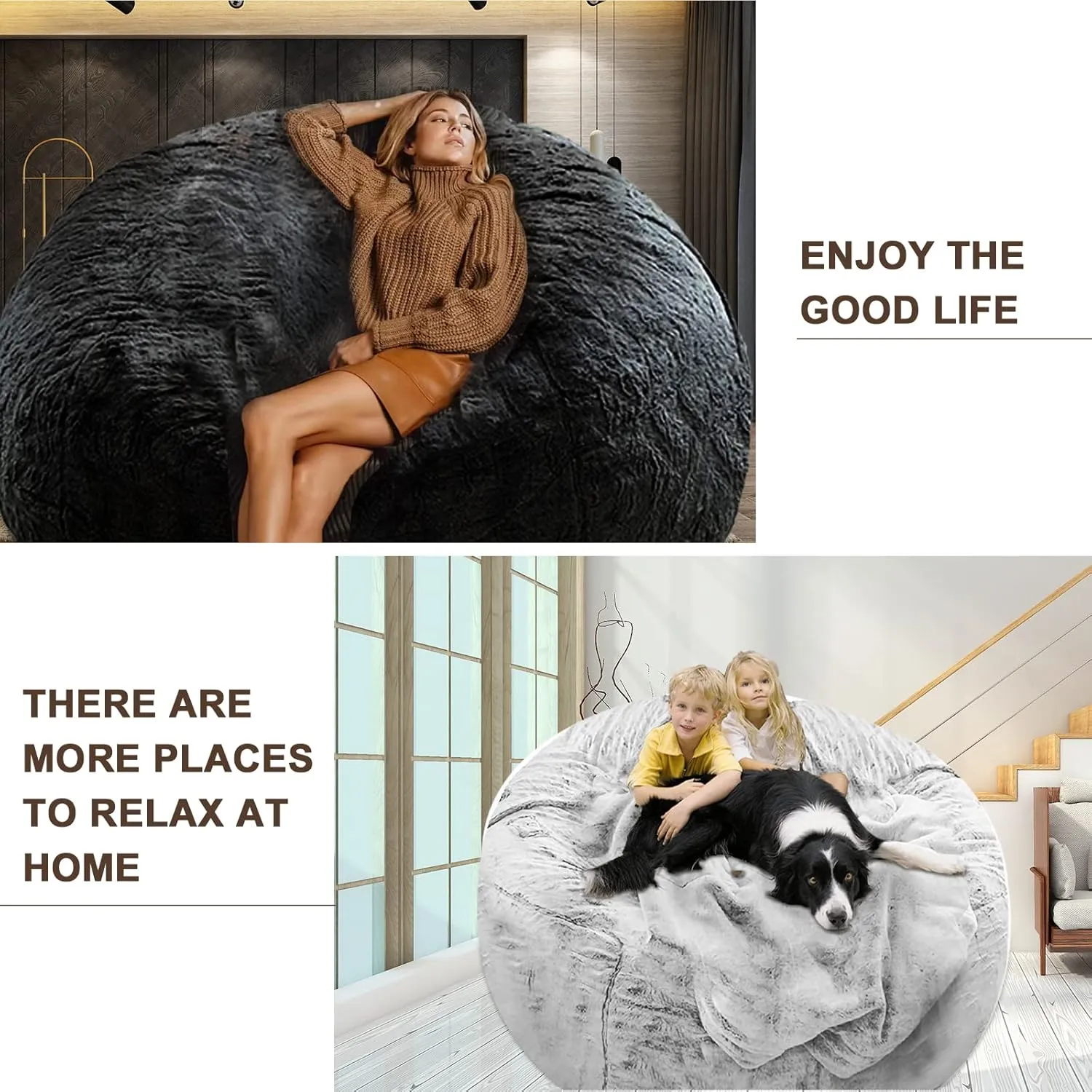 Bean Bag Chair Cover Without Filler,Big Round Soft Fluffy PV Velvet Washable Bean Bag Lazy Sofa Bed Cover for Adults,Living Room Bedroom Furniture Outside,6ft black(No Filler)