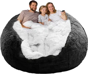 Bean Bag Chair Cover Without Filler,Big Round Soft Fluffy PV Velvet Washable Bean Bag Lazy Sofa Bed Cover for Adults,Living Room Bedroom Furniture Outside,6ft black(No Filler)