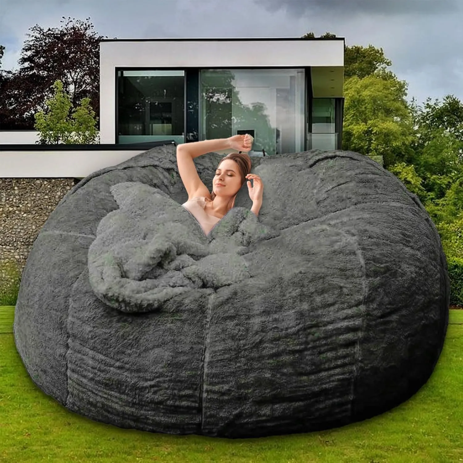 Bean Bag Chair for Adults Kids Without Filling Comfy Fluffy Giant Round Beanbag Lazy Sofa Cover for Reading Chair Floor Chair, 6FT, Dark Grey