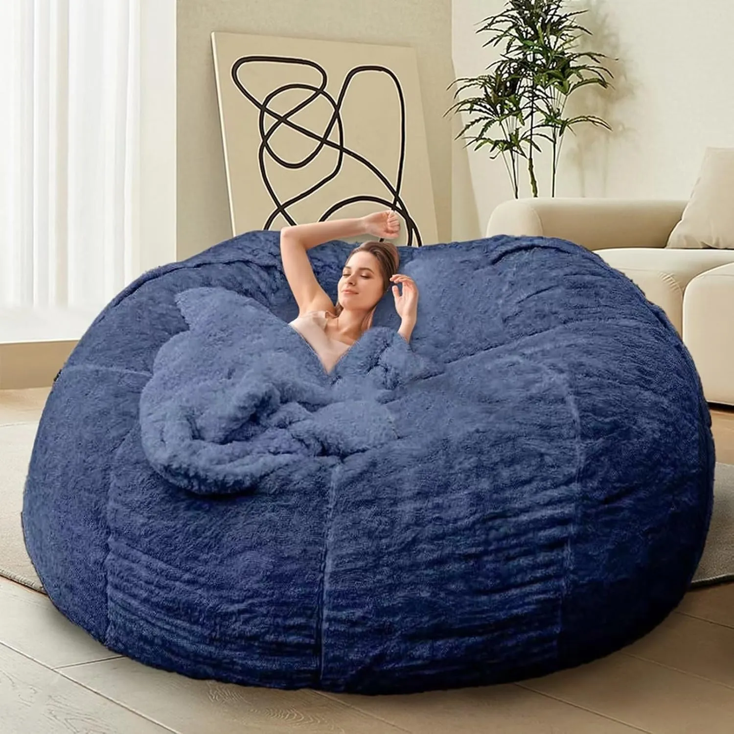 Bean Bag Chair for Adults Kids Without Filling Comfy Oversized Round Beanbag Chair for Stuffed Animal Storage Bedroom Living Room Chairs, 6FT, Blue