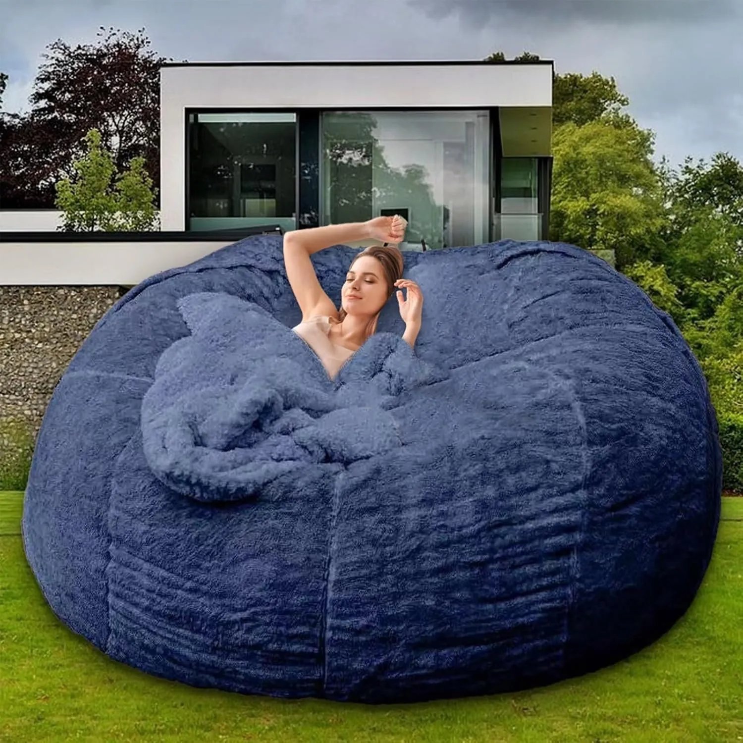 Bean Bag Chair for Adults Kids Without Filling Comfy Oversized Round Beanbag Chair for Stuffed Animal Storage Bedroom Living Room Chairs, 6FT, Blue