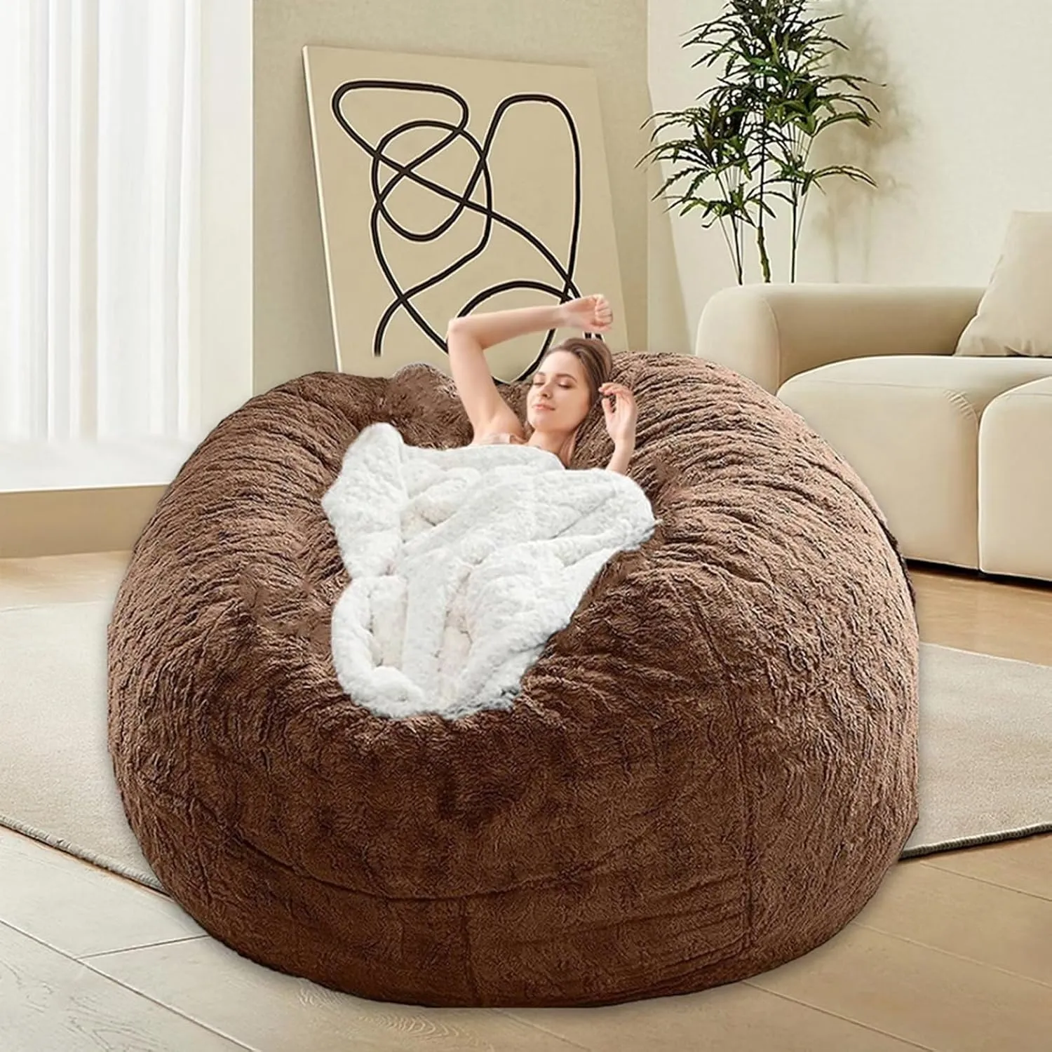 Bean Bag Chair for Adults Kids Without Filling Comfy Oversized Round Beanbag Chair for Stuffed Animal Storage Bedroom Living Room Chairs, 6FT, Brown