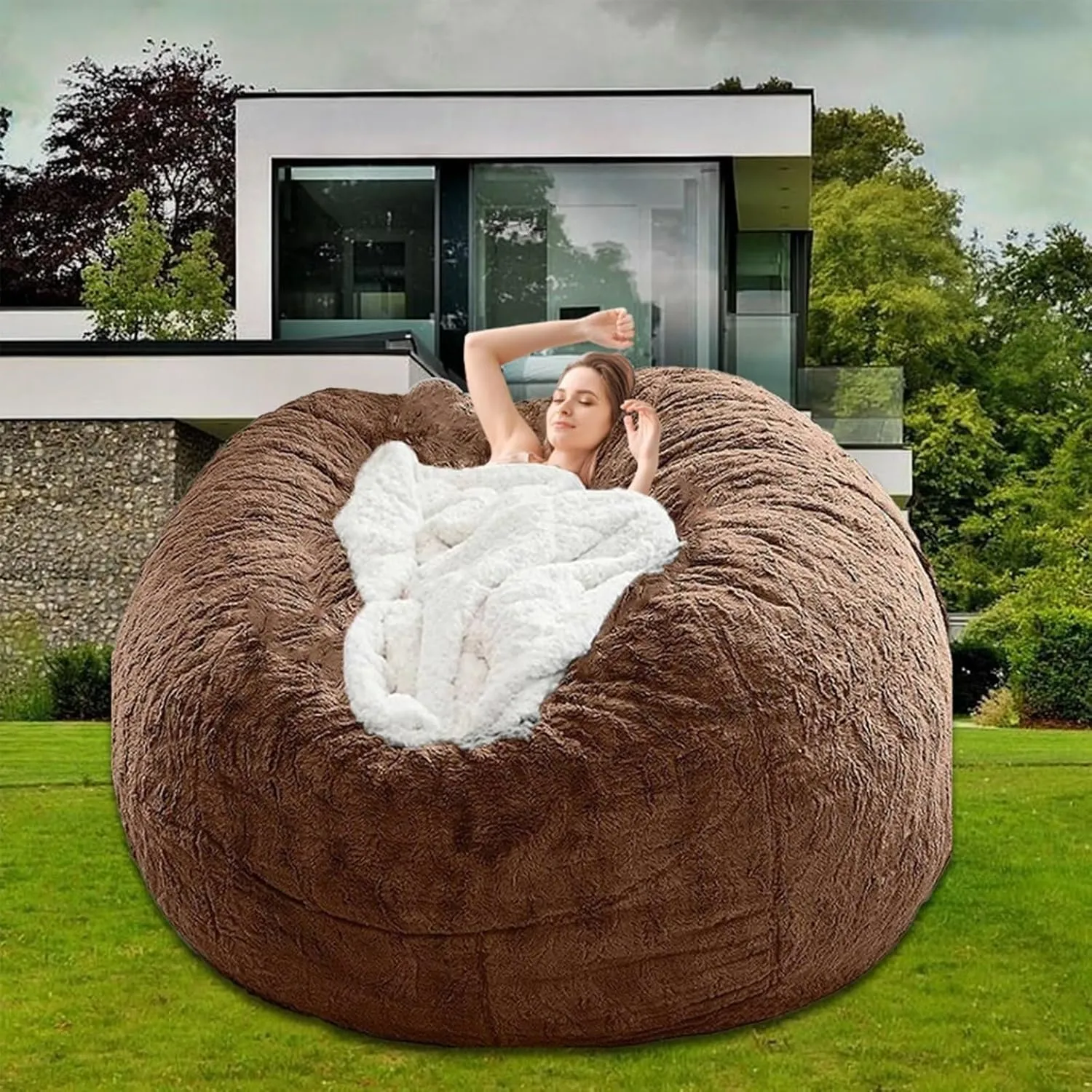 Bean Bag Chair for Adults Kids Without Filling Comfy Oversized Round Beanbag Chair for Stuffed Animal Storage Bedroom Living Room Chairs, 6FT, Brown