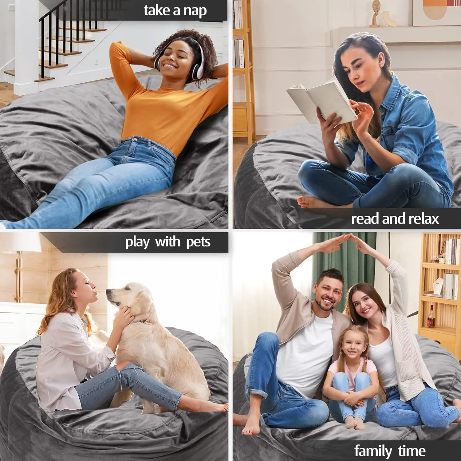 Bean Bag Chairs, Memory Foam Stuffing Bean Bag Chair for Adults/Teens/Kids with Removable Zipperd Cover, High-Rebound Memory Foam Lazy Sofa Furniture for Living Room Bedroom College Dorm
