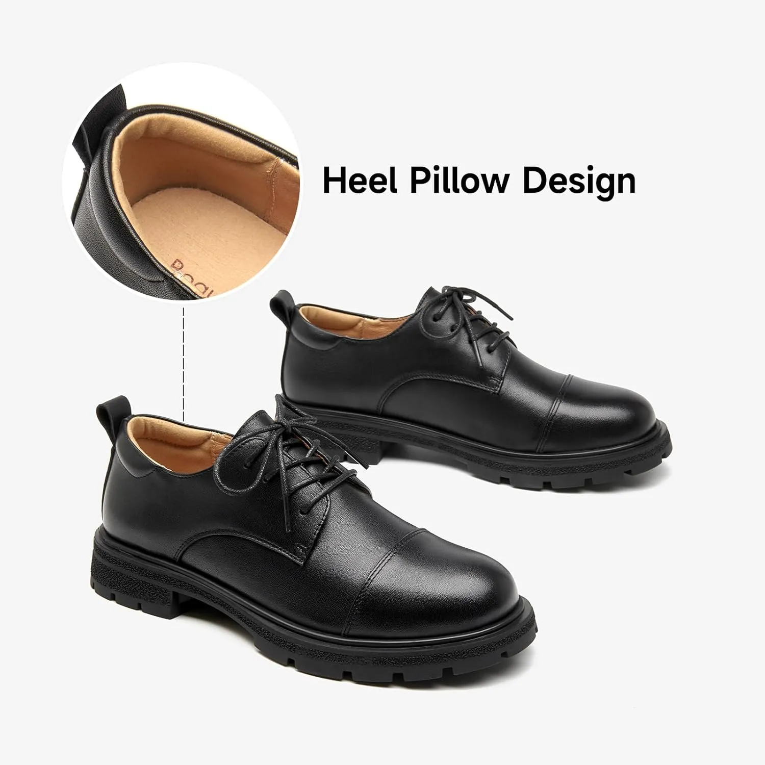 BEAU TODAY Womens Oxford Shoes,Leather Lace-Up Oxfords for Women,Formal Chunky Comfortable Brethable Round Toe Non Slip Business Work Casual Office Dress Shoes