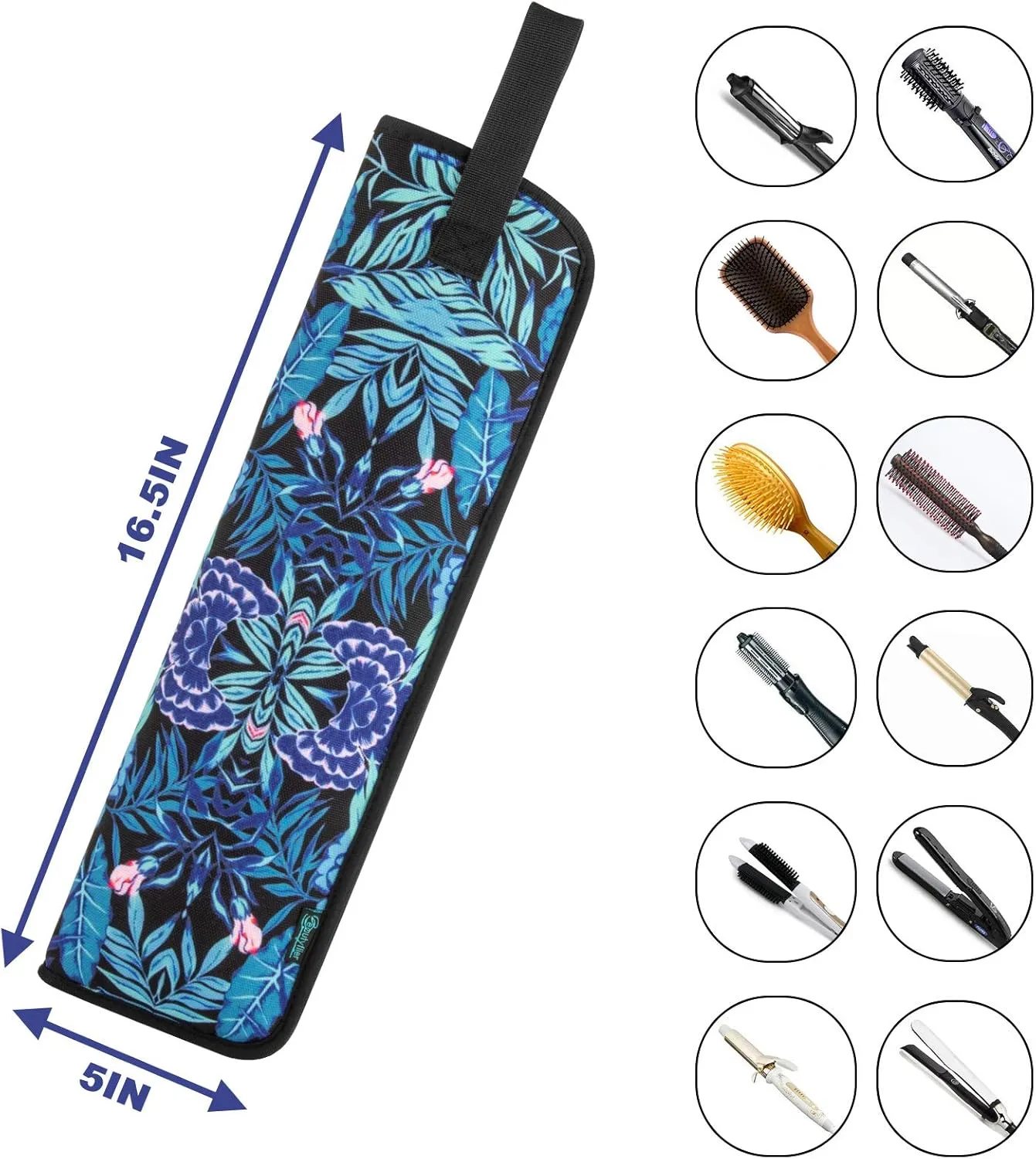 Beautyflier Universal Curling Iron Travel Case, Heat-Resistant, Canvas, Blue Flower