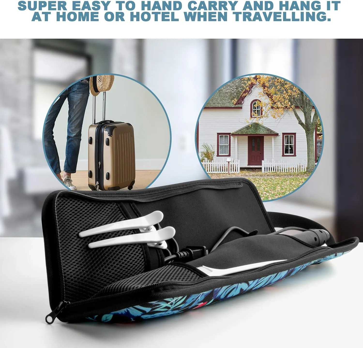 Beautyflier Universal Curling Iron Travel Case, Heat-Resistant, Canvas, Blue Flower