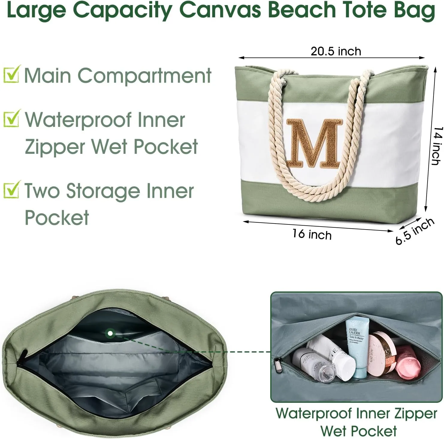 Becokan Initial Beach Bag Waterproof Canvas Beach Tote Bag Zipper Personalized Gifts for Women Her Birthday Travel Essentials