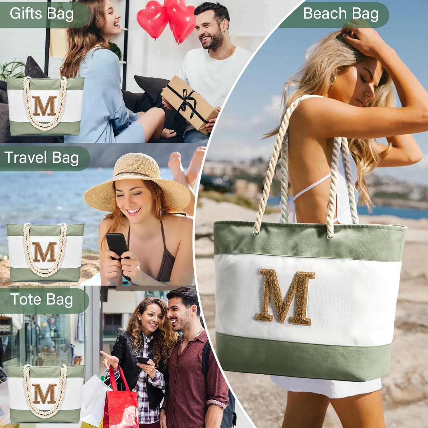 Becokan Initial Beach Bag Waterproof Canvas Beach Tote Bag Zipper Personalized Gifts for Women Her Birthday Travel Essentials