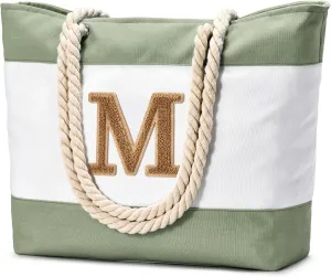 Becokan Initial Beach Bag Waterproof Canvas Beach Tote Bag Zipper Personalized Gifts for Women Her Birthday Travel Essentials