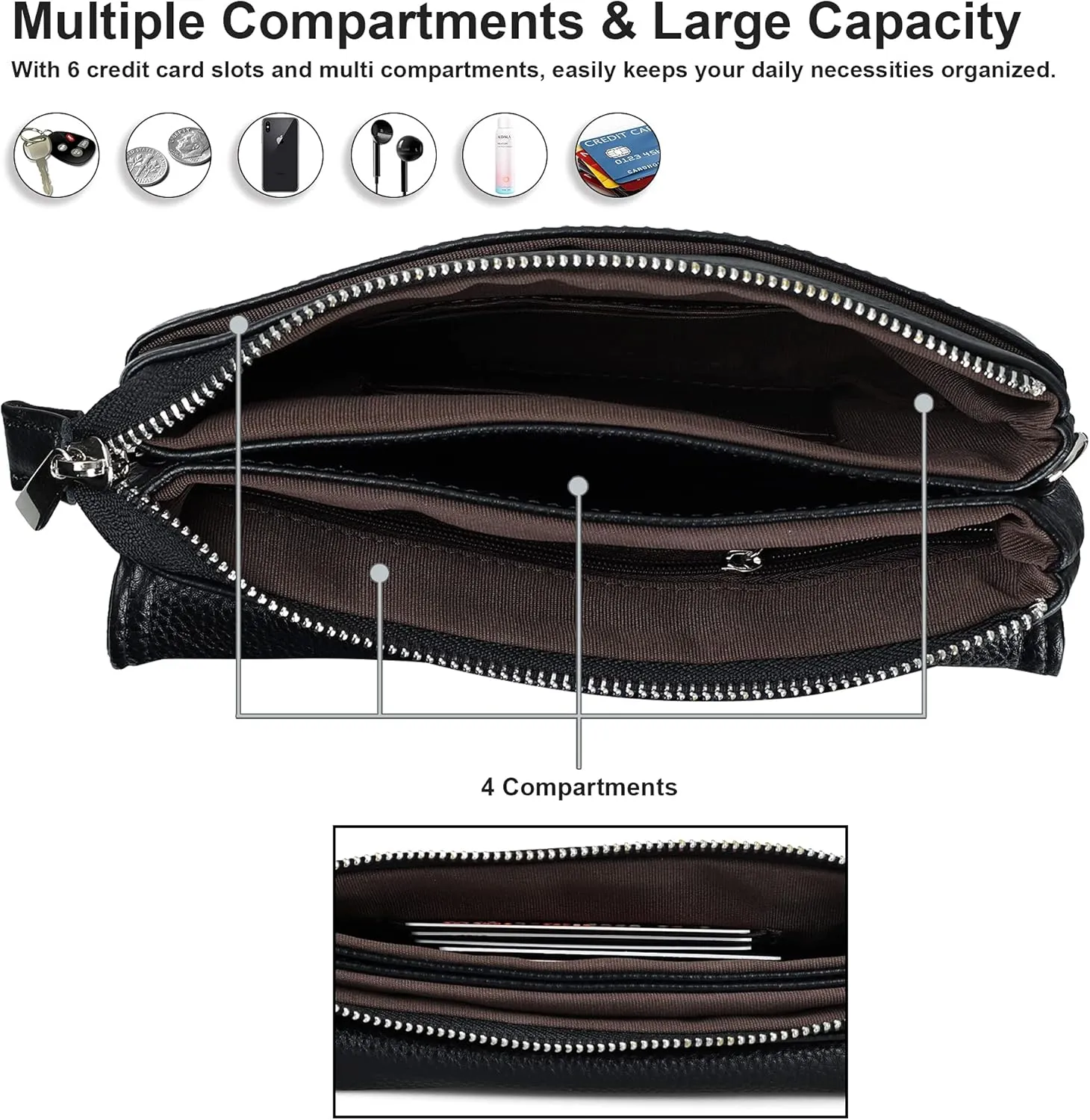 befen Genuine Leather Small Crossbody Bags for Women Cell Phone Bag Cross Body Purses,Silver Zipper