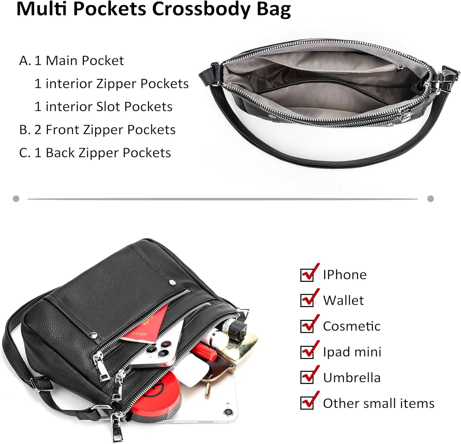 befen Genuine Leather Small Crossbody Bags Purses for Women Pocketbooks Shoulder Bag Satchel Purse with Multi Zipper Pockets
