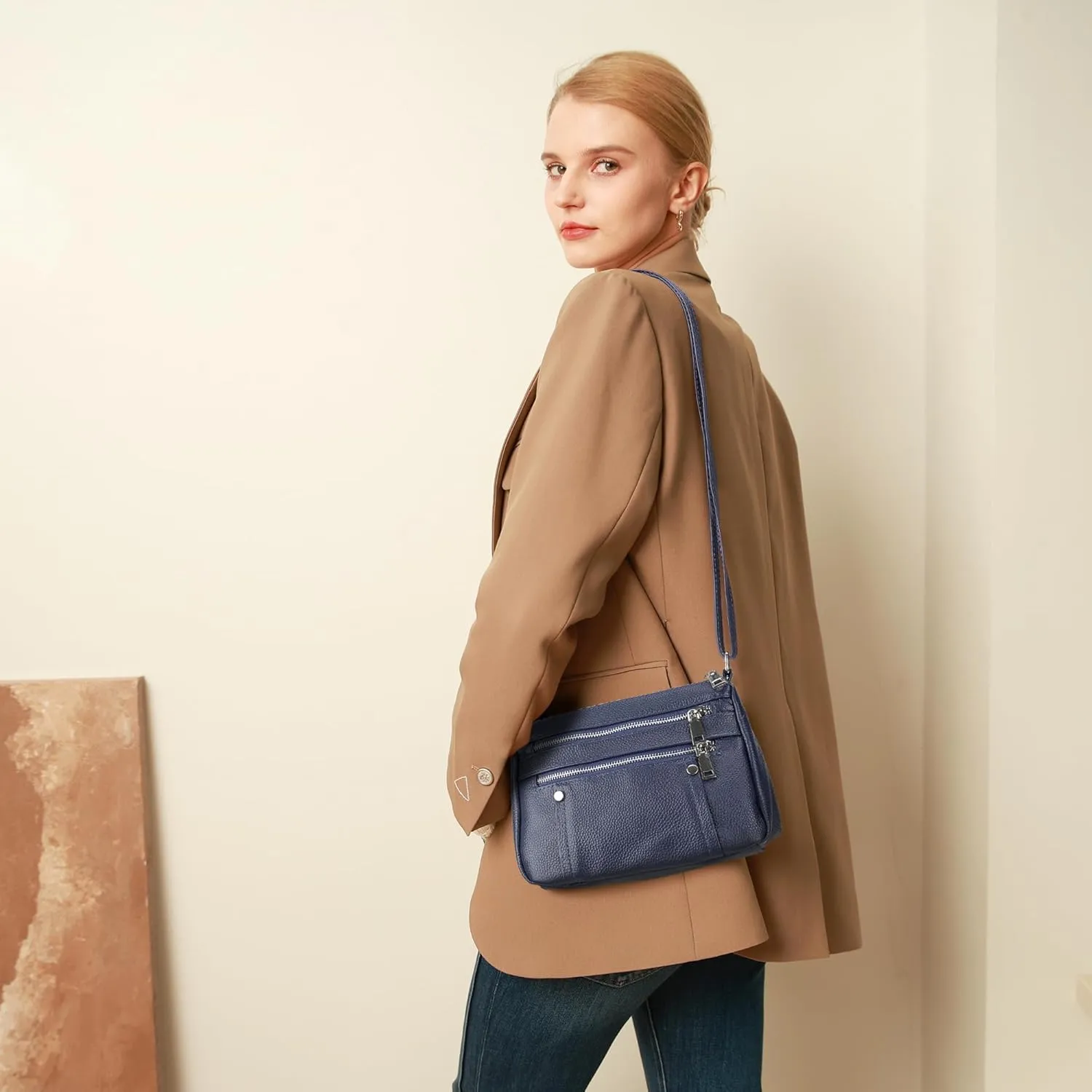 befen Genuine Leather Small Crossbody Bags Purses for Women Pocketbooks Shoulder Bag Satchel Purse with Multi Zipper Pockets