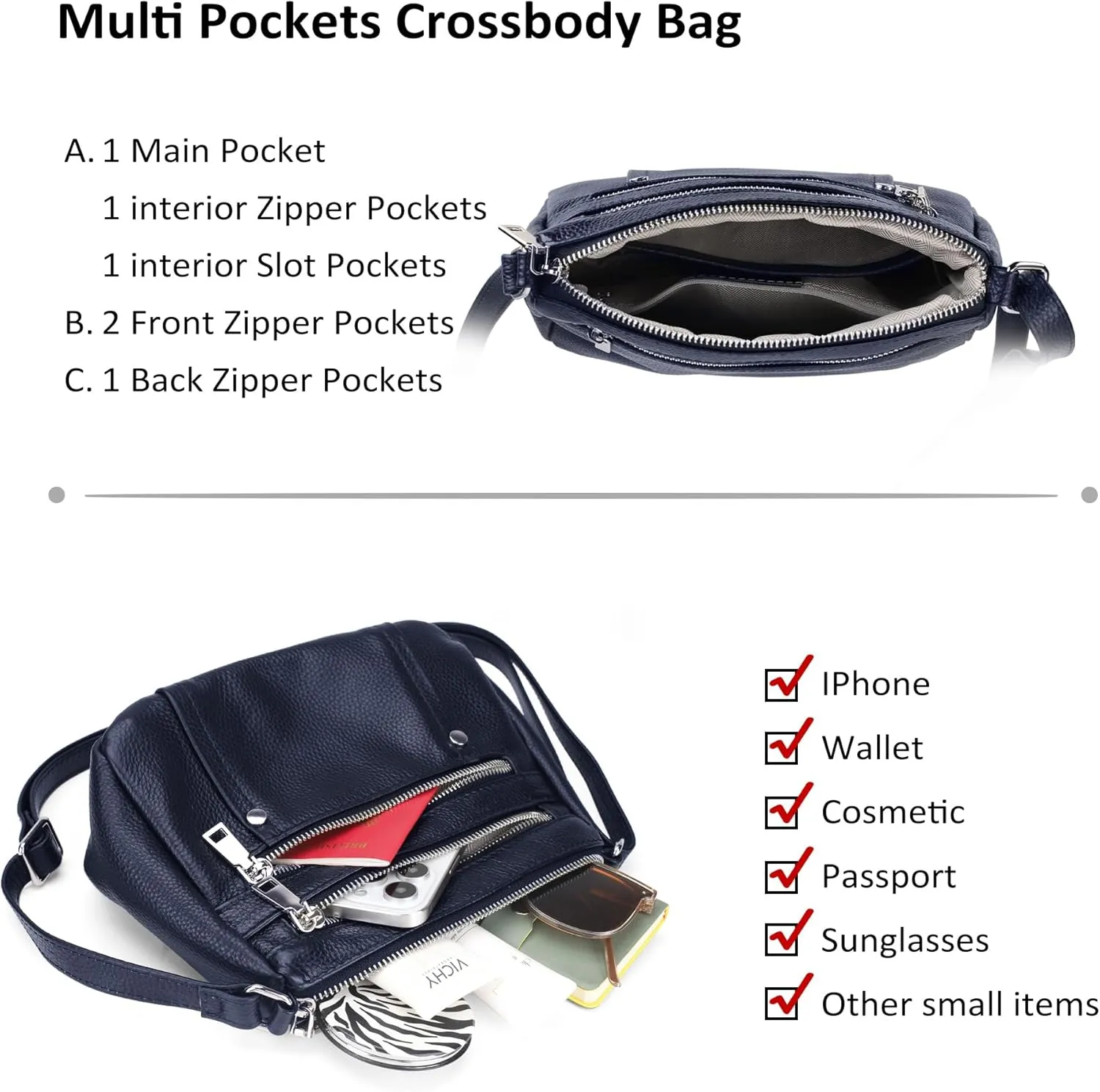 befen Genuine Leather Small Crossbody Bags Purses for Women Pocketbooks Shoulder Bag Satchel Purse with Multi Zipper Pockets