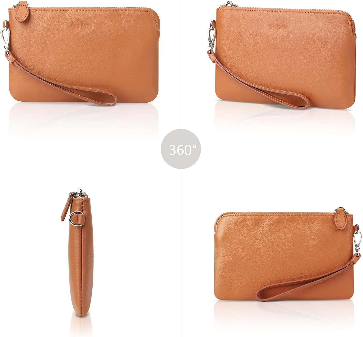befen Women's Genuine Leather Wristlet Clutch Purse Ladies Slim Corner Zip Wallets, Silver Zipper