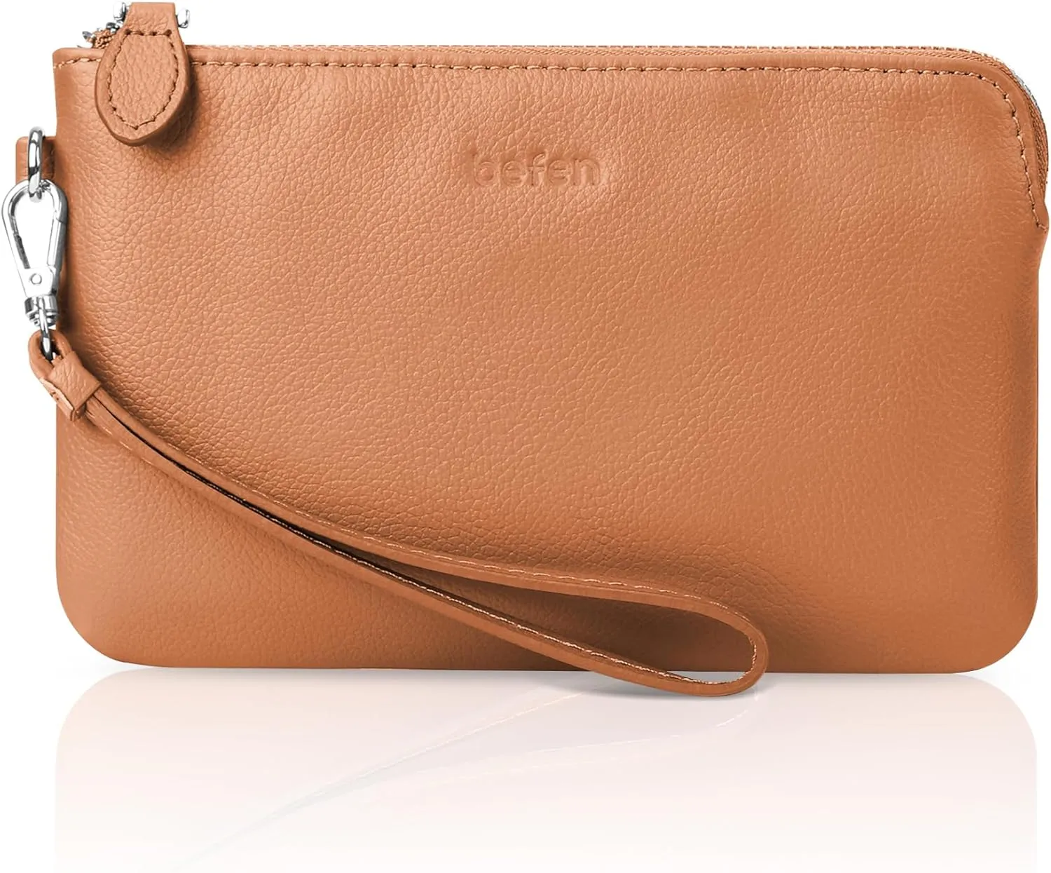 befen Women's Genuine Leather Wristlet Clutch Purse Ladies Slim Corner Zip Wallets, Silver Zipper