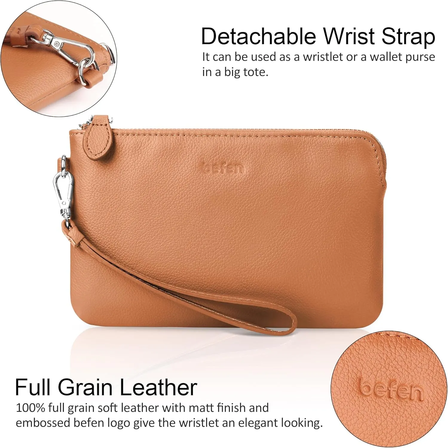 befen Women's Genuine Leather Wristlet Clutch Purse Ladies Slim Corner Zip Wallets, Silver Zipper