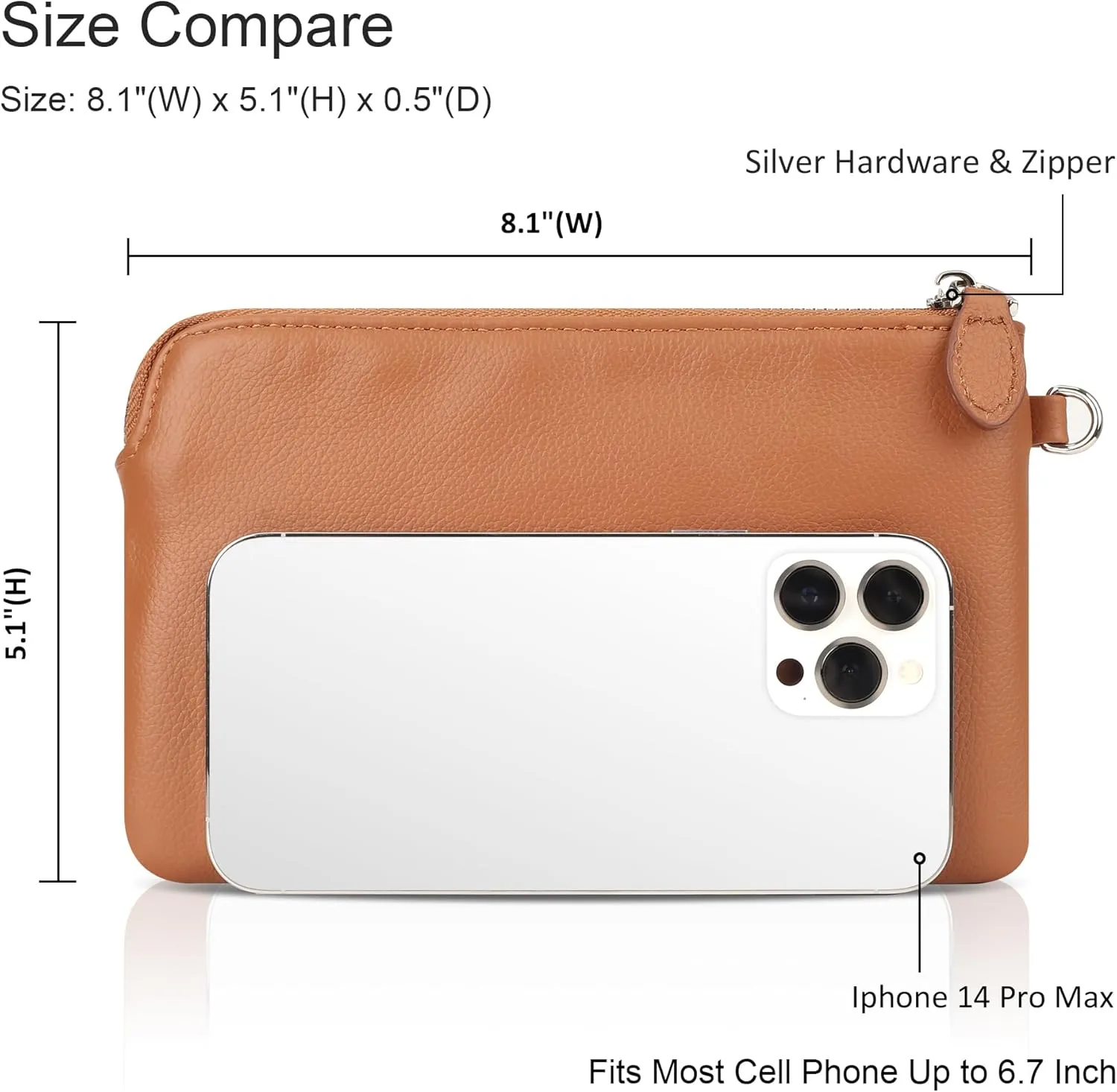 befen Women's Genuine Leather Wristlet Clutch Purse Ladies Slim Corner Zip Wallets, Silver Zipper