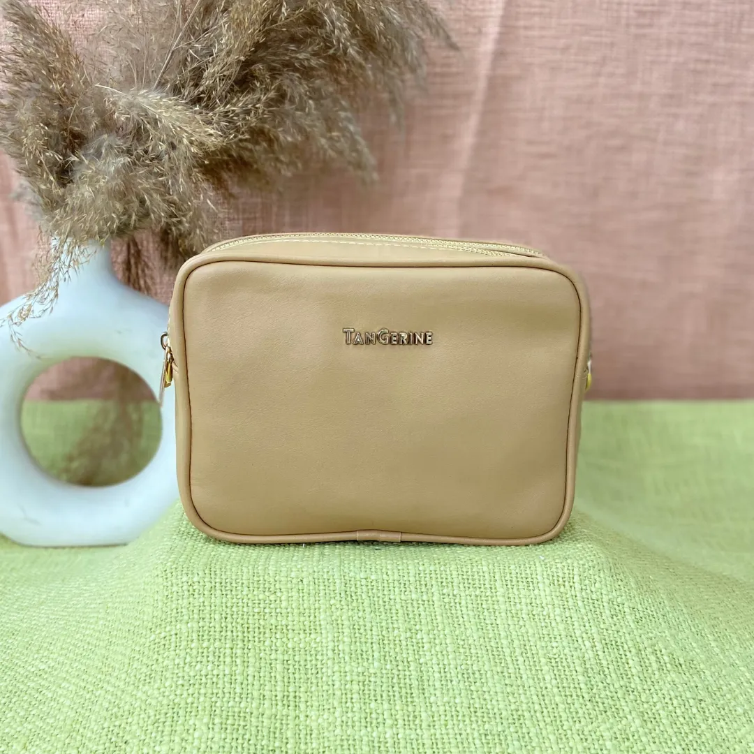Beige Dual Compartment Bag with Multi-color Stripes Belt.