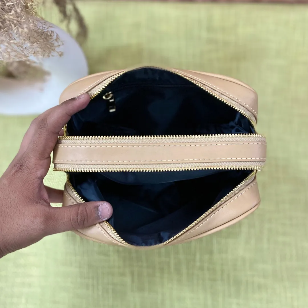 Beige Dual Compartment Bag with Multi-color Stripes Belt.