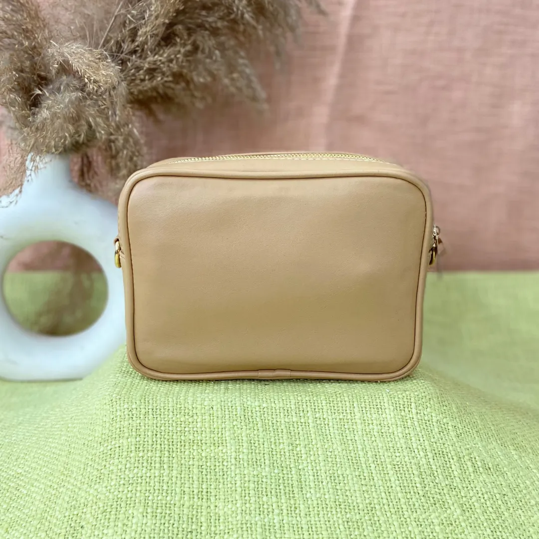 Beige Dual Compartment Bag with Multi-color Stripes Belt.