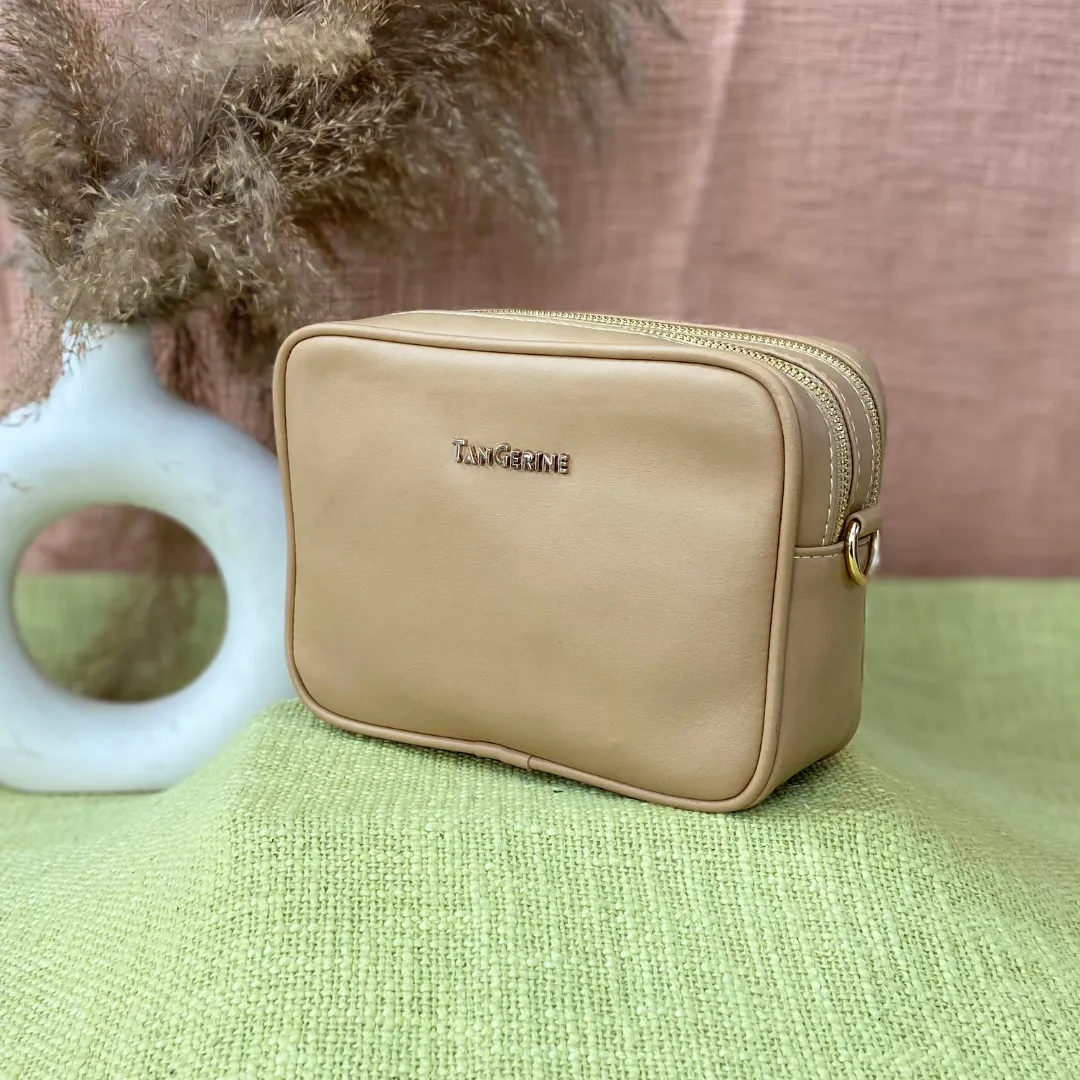 Beige Dual Compartment Bag with Multi-color Stripes Belt.