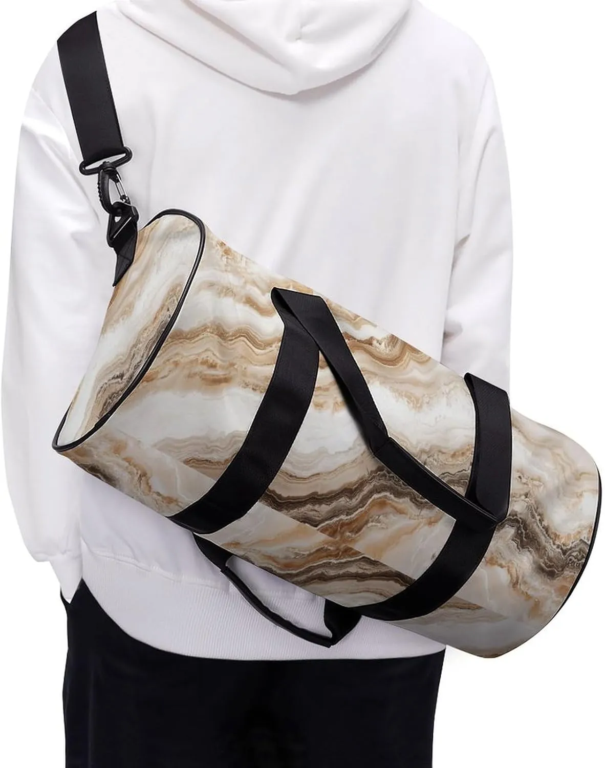 Beige Marble Texture Travel Gym Bag for Women Men Cylindrical Duffle Bag Sport Workout Bag with Shoulder Strap