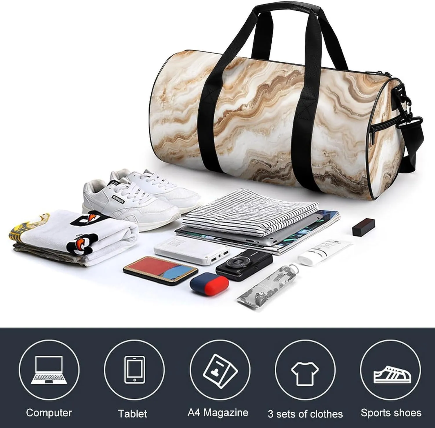 Beige Marble Texture Travel Gym Bag for Women Men Cylindrical Duffle Bag Sport Workout Bag with Shoulder Strap