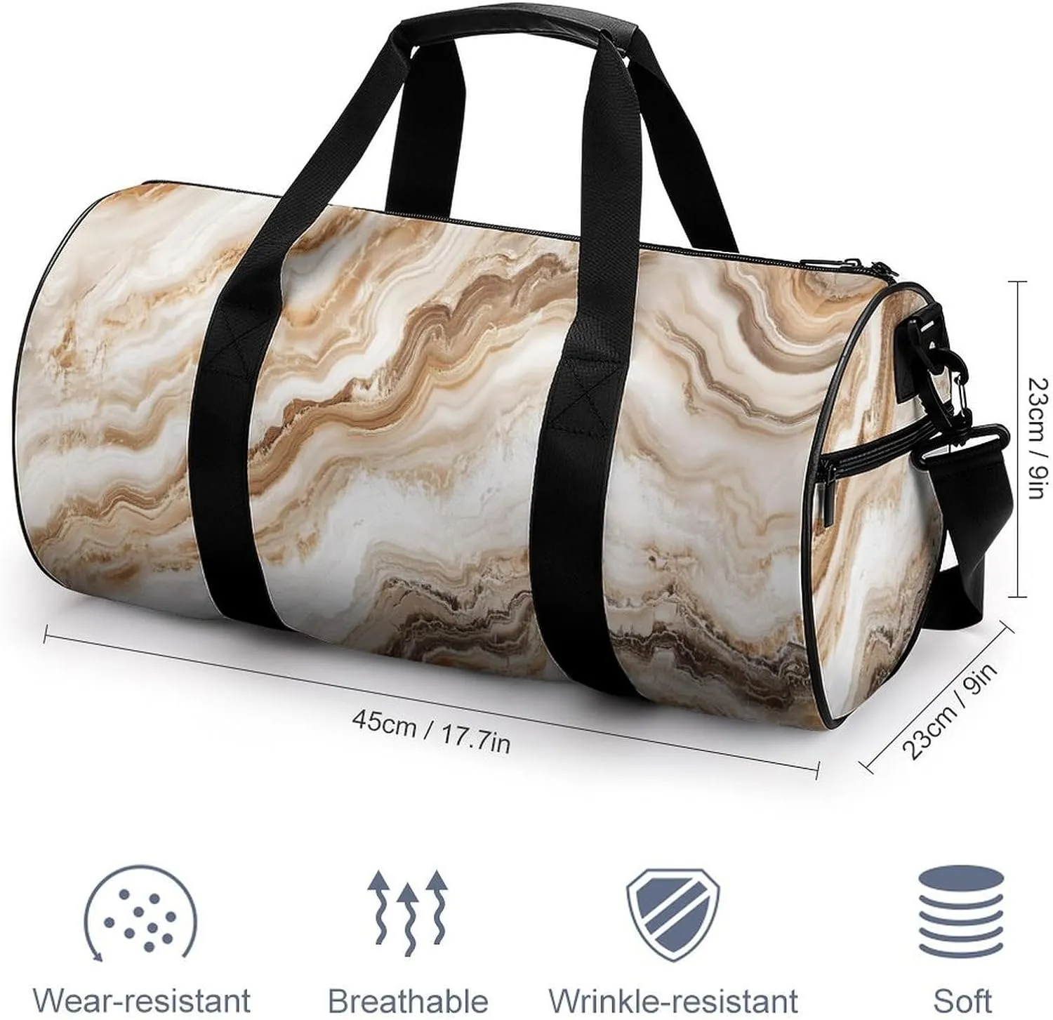 Beige Marble Texture Travel Gym Bag for Women Men Cylindrical Duffle Bag Sport Workout Bag with Shoulder Strap