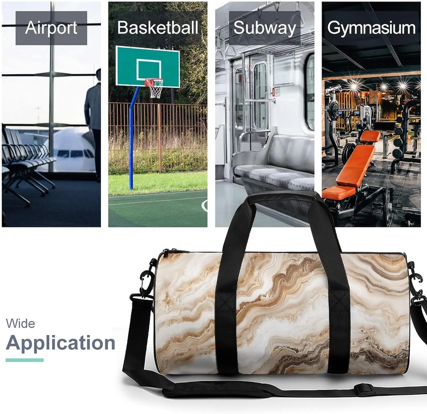 Beige Marble Texture Travel Gym Bag for Women Men Cylindrical Duffle Bag Sport Workout Bag with Shoulder Strap