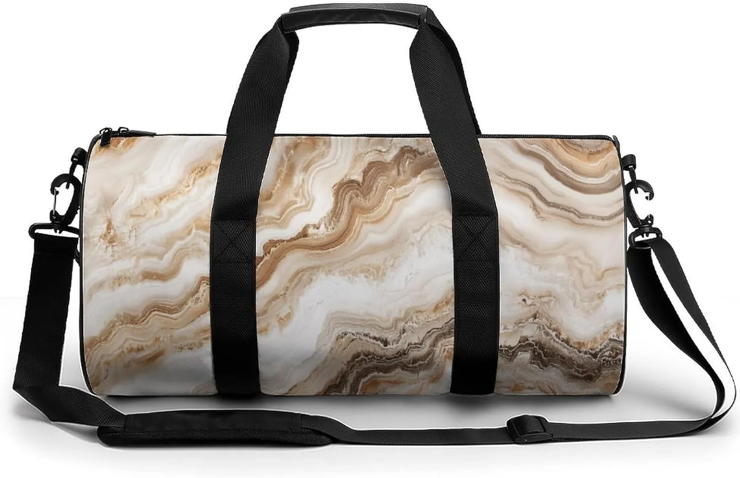 Beige Marble Texture Travel Gym Bag for Women Men Cylindrical Duffle Bag Sport Workout Bag with Shoulder Strap