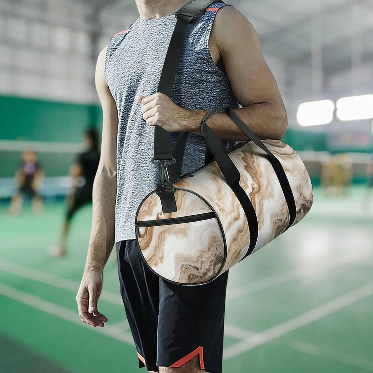 Beige Marble Texture Travel Gym Bag for Women Men Cylindrical Duffle Bag Sport Workout Bag with Shoulder Strap
