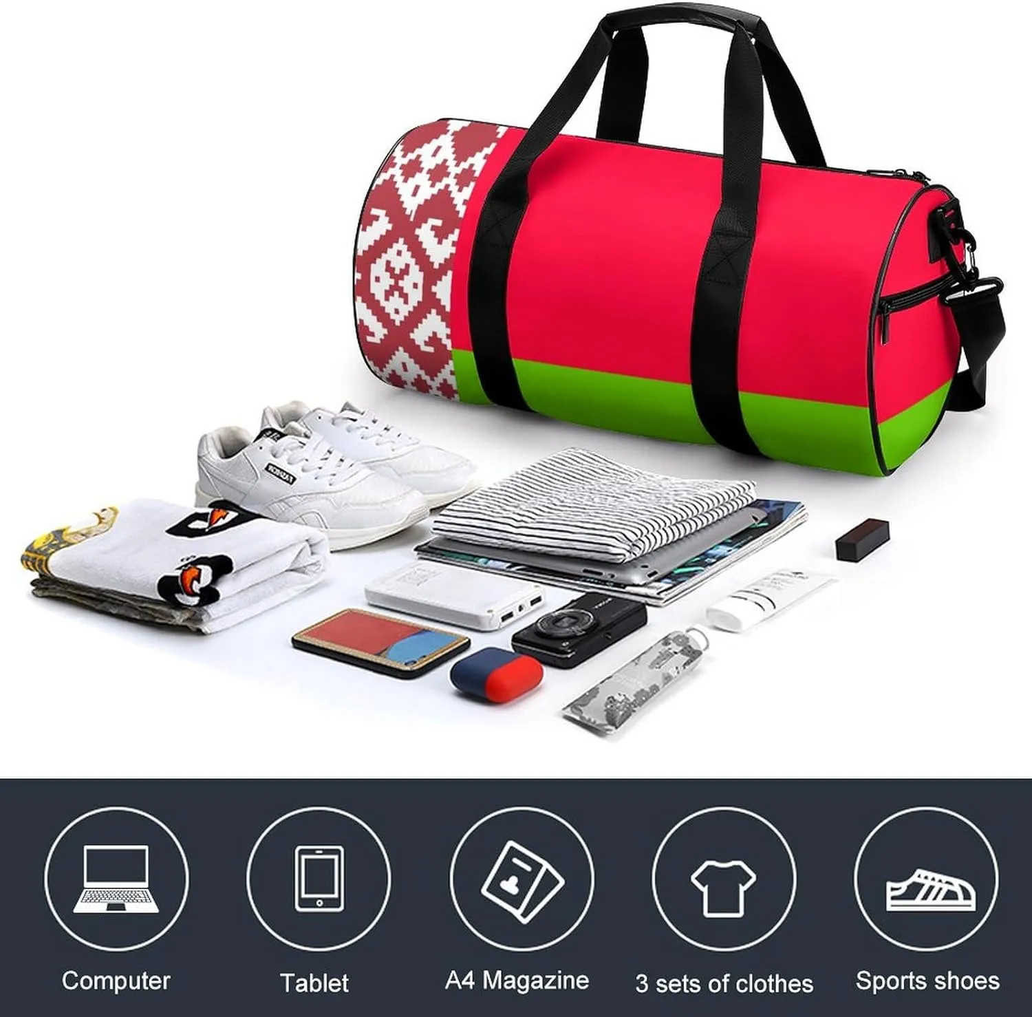 Belarus Flag Waterproof Gym Bag with Dry Wet Separation for Men Women Sports Travel Weekender