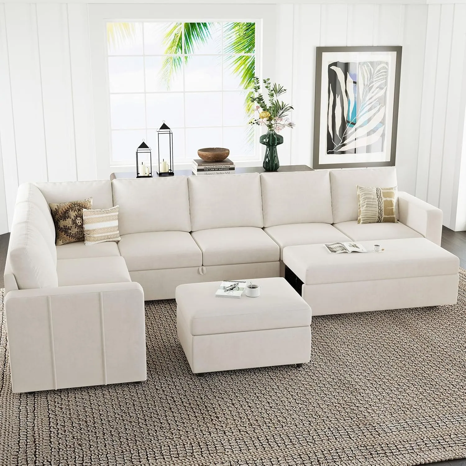 Belffin Modular Sectional Sofa with Sleeper Sofa Couch Pullout Bed, Oversized U Shaped Sleeper Sectional Couch with Reversible Storage Seat for Living Room, Beige