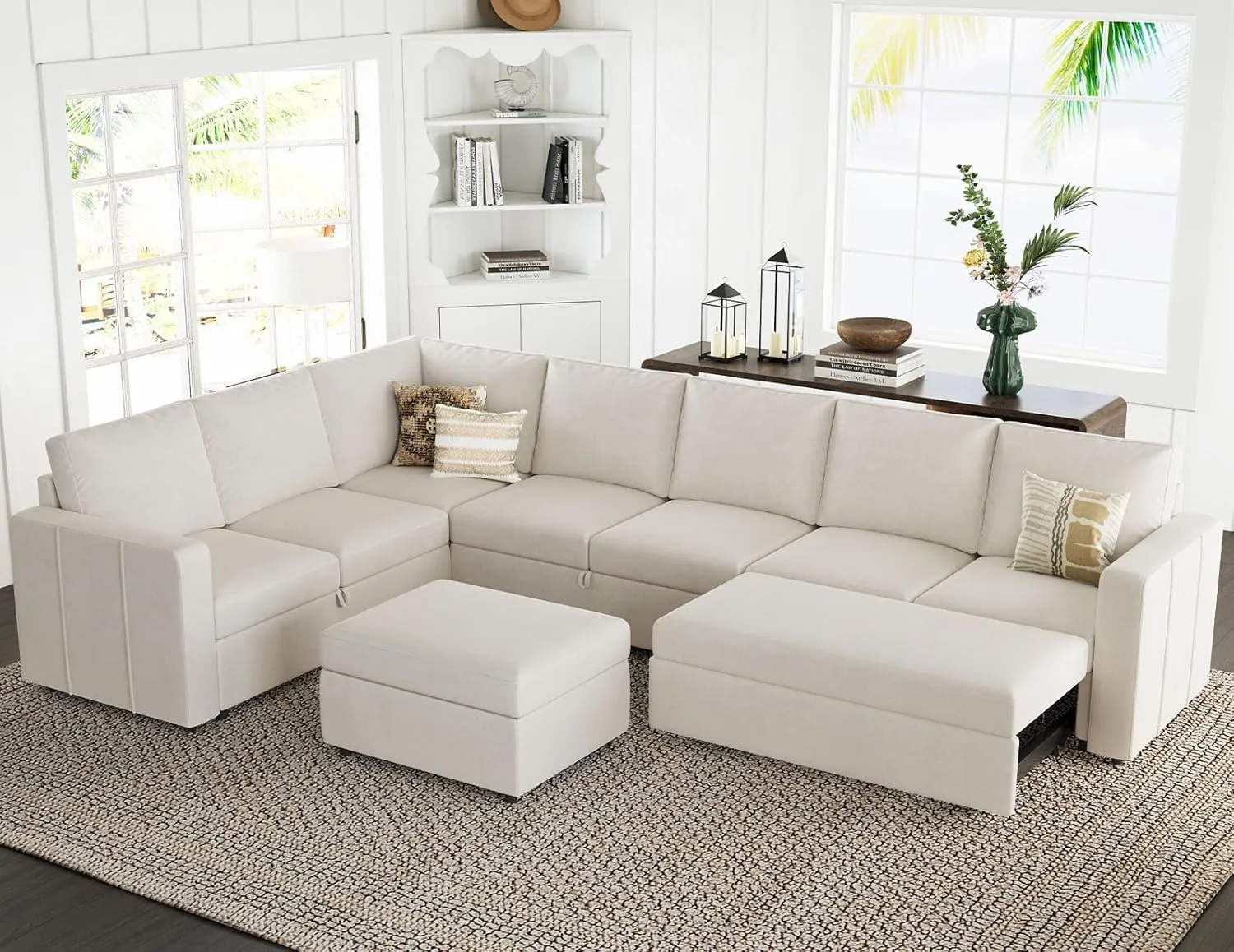 Belffin Modular Sectional Sofa with Sleeper Sofa Couch Pullout Bed, Oversized U Shaped Sleeper Sectional Couch with Reversible Storage Seat for Living Room, Beige