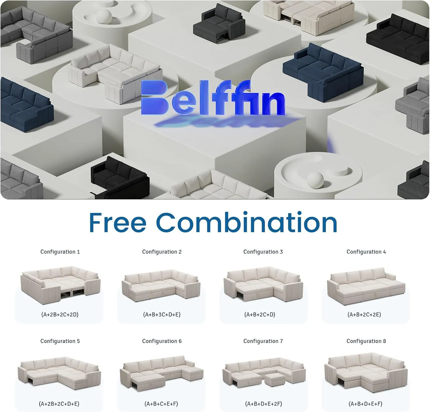 Belffin Modular Sectional Sofa with Sleeper Sofa Couch Pullout Bed, Oversized U Shaped Sleeper Sectional Couch with Reversible Storage Seat for Living Room, Beige