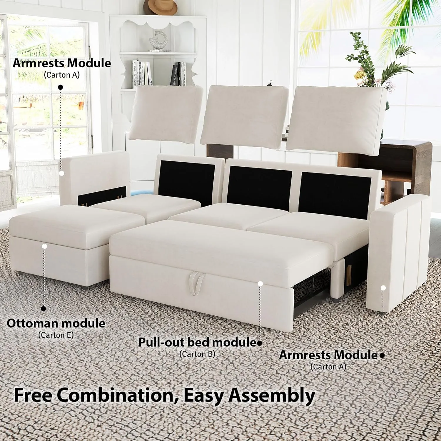 Belffin Modular Sectional Sofa with Sleeper Sofa Couch Pullout Bed, Oversized U Shaped Sleeper Sectional Couch with Reversible Storage Seat for Living Room, Beige
