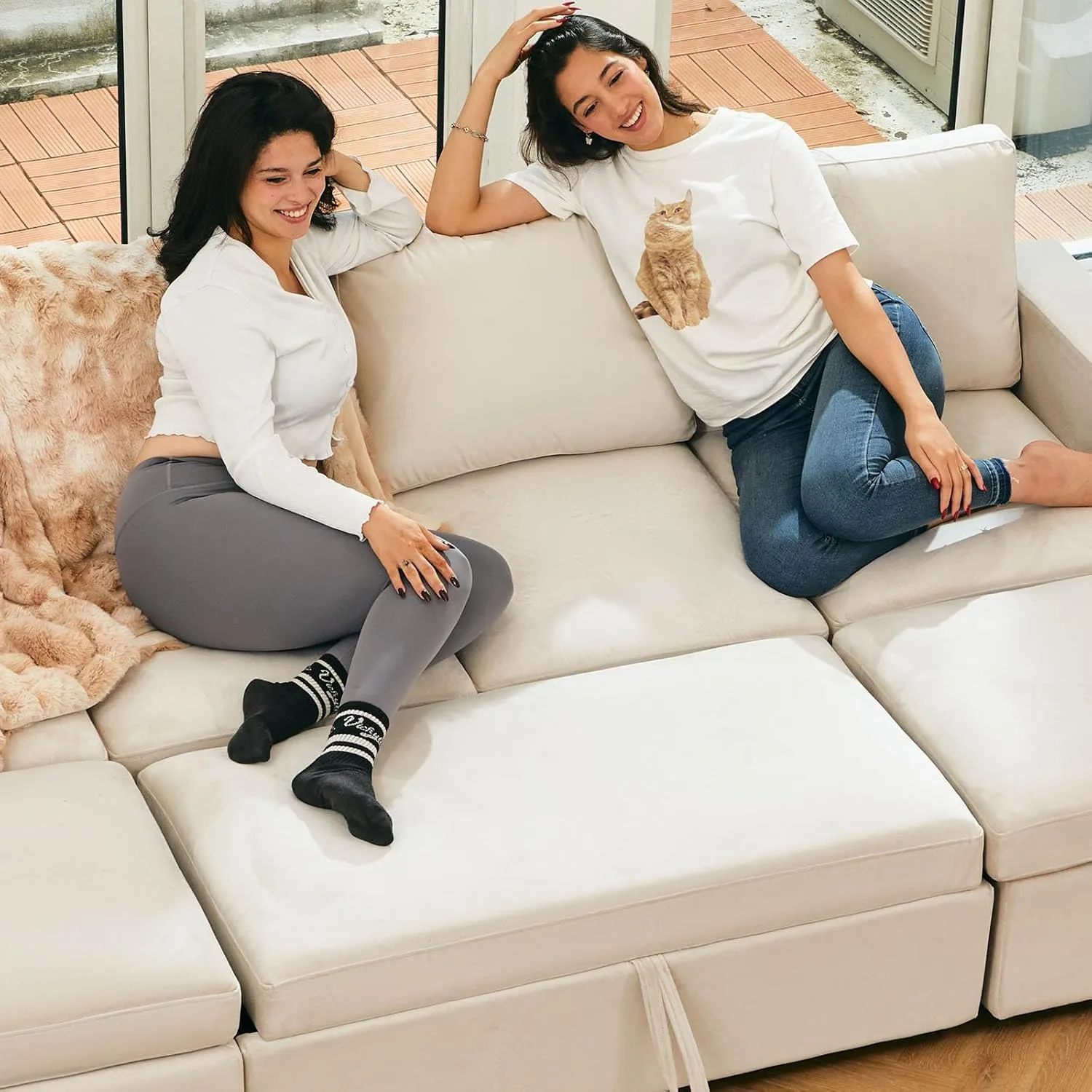 Belffin Modular Sectional Sofa with Sleeper Sofa Couch Pullout Bed, Oversized U Shaped Sleeper Sectional Couch with Reversible Storage Seat for Living Room, Beige