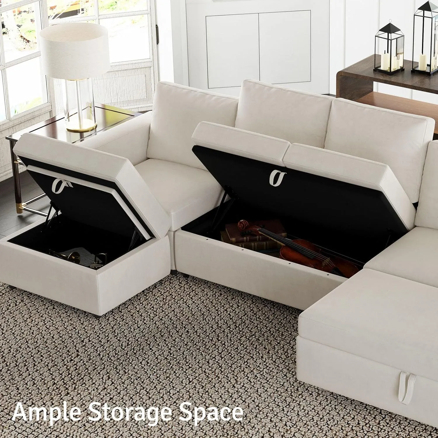 Belffin Modular Sectional Sofa with Sleeper Sofa Couch Pullout Bed, Oversized U Shaped Sleeper Sectional Couch with Reversible Storage Seat for Living Room, Beige