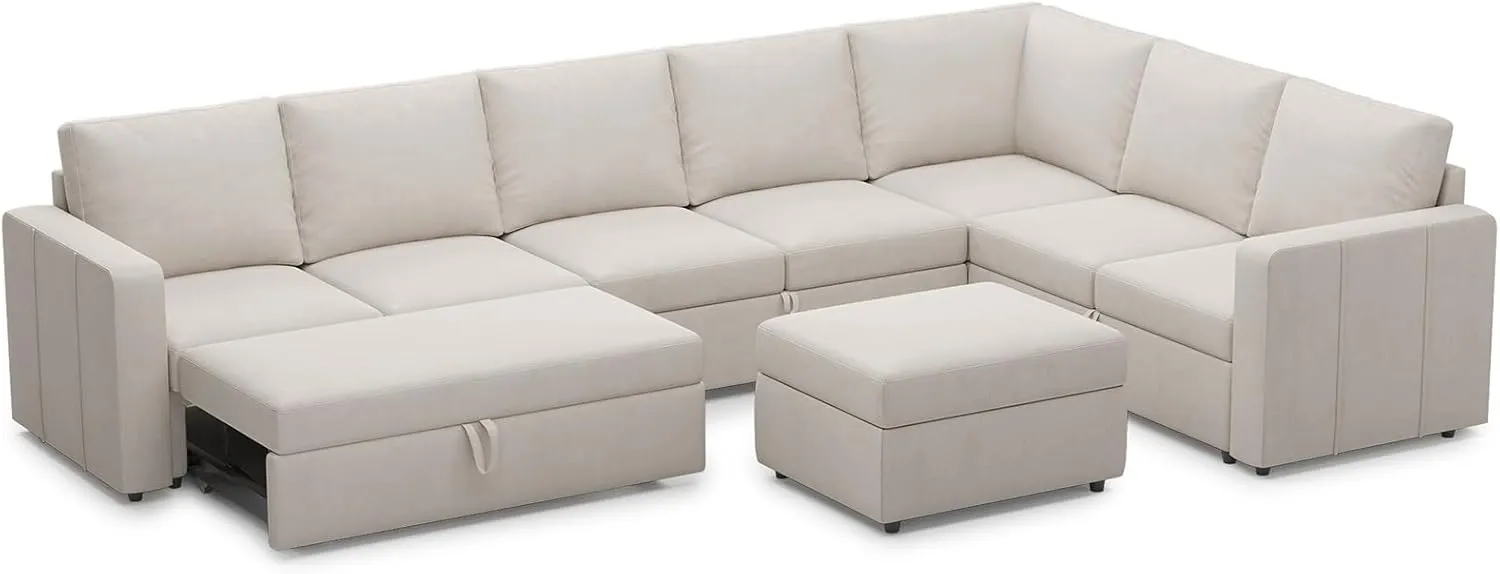 Belffin Modular Sectional Sofa with Sleeper Sofa Couch Pullout Bed, Oversized U Shaped Sleeper Sectional Couch with Reversible Storage Seat for Living Room, Beige