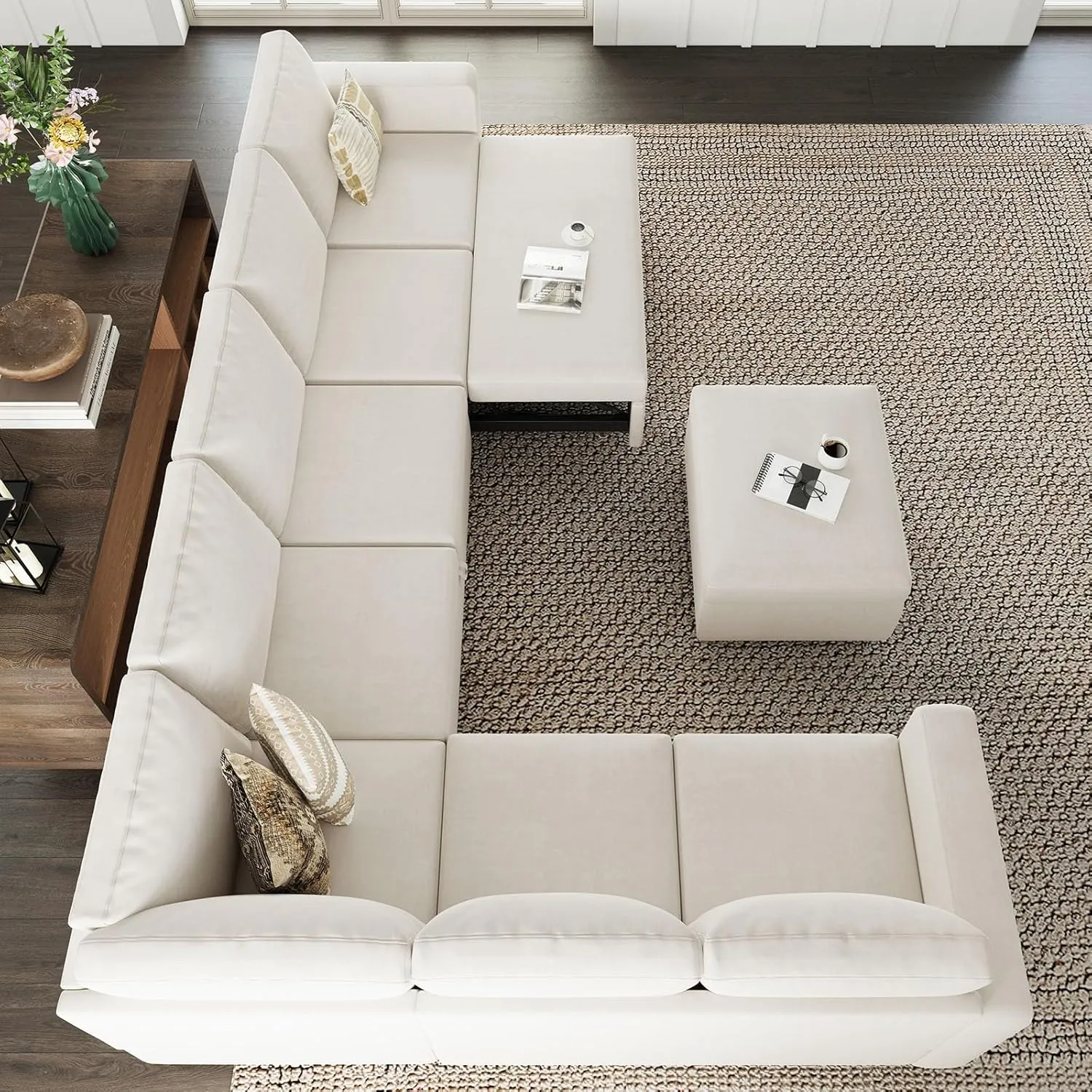 Belffin Modular Sectional Sofa with Sleeper Sofa Couch Pullout Bed, Oversized U Shaped Sleeper Sectional Couch with Reversible Storage Seat for Living Room, Beige
