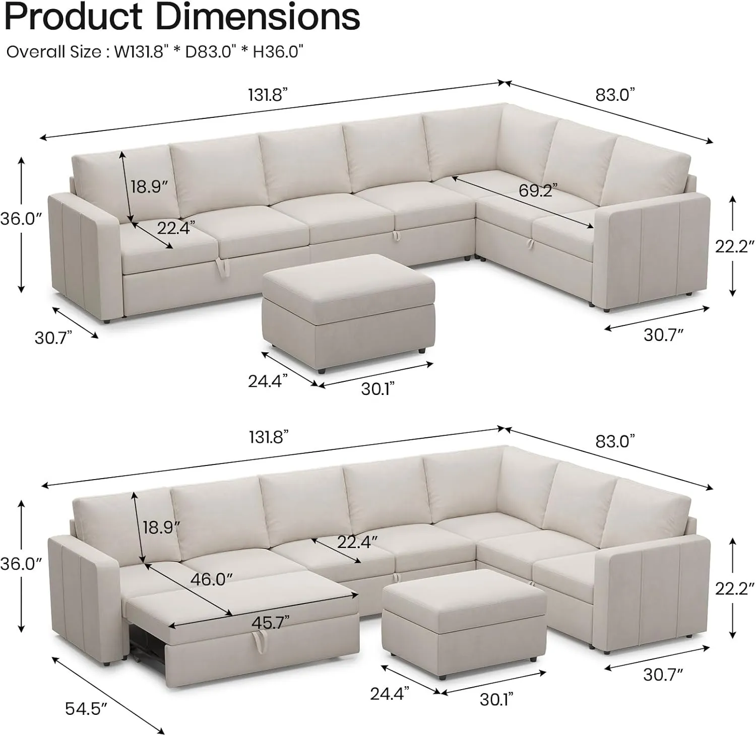 Belffin Modular Sectional Sofa with Sleeper Sofa Couch Pullout Bed, Oversized U Shaped Sleeper Sectional Couch with Reversible Storage Seat for Living Room, Beige