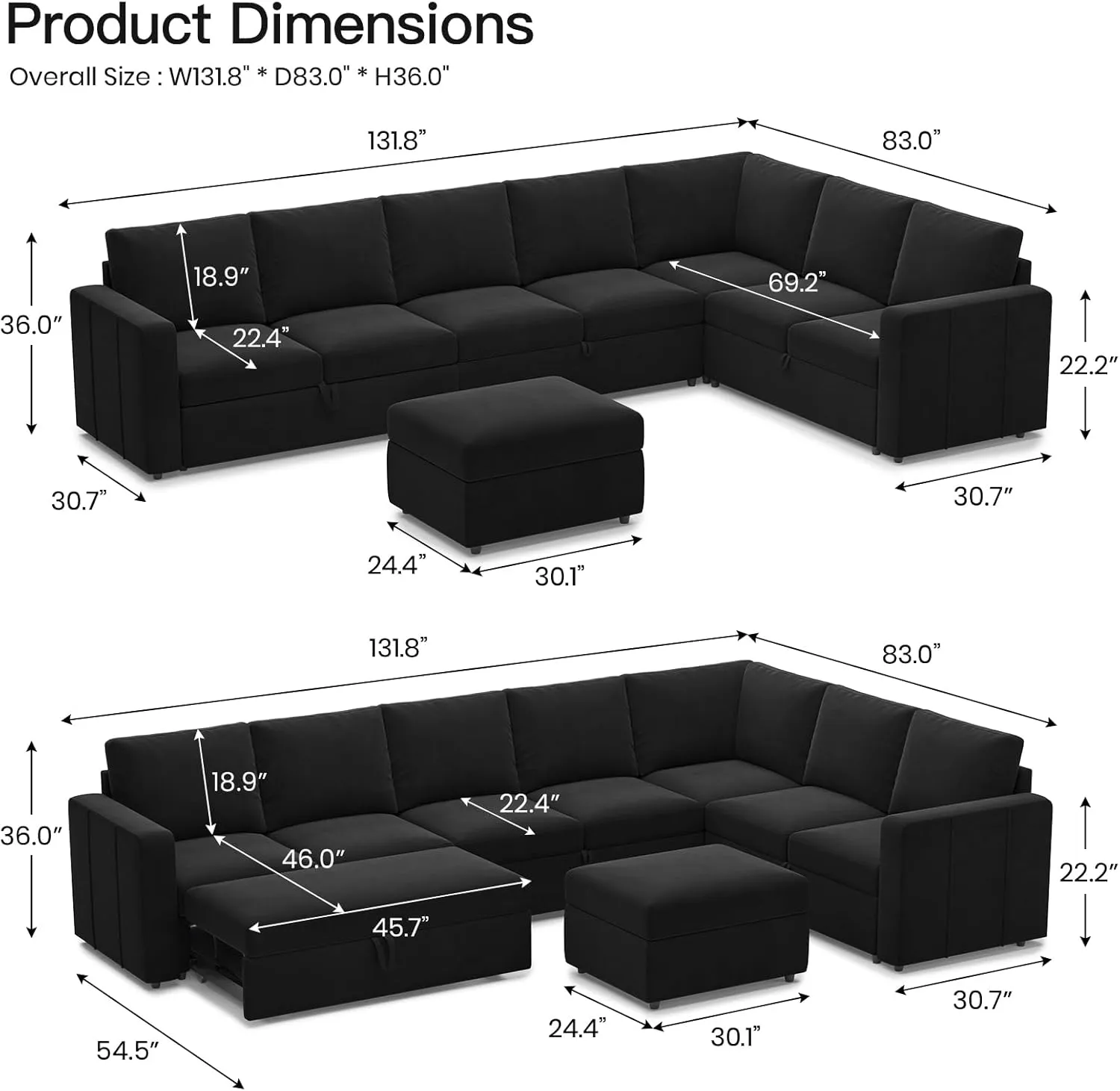 Belffin Modular Sectional Sofa with Sleeper Sofa Couch Pullout Bed, Oversized U Shaped Sleeper Sectional Couch with Reversible Storage Seat for Living Room, Black